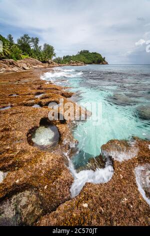 Old reef coastline and ocean waves on tropical Police Bay beach on Mahe Island, Seychelles. Stock Photo