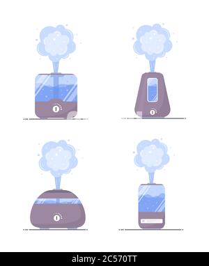 Humidifier air icon. Set of ultrasonic purifiers microclimate for home. Healthy humidity. Modern vector illustration in flat cartoon style. Stock Vector