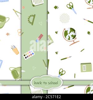 Seamless pattern with various school supplies on a white background. Vector illustration in flat style. Stock Vector