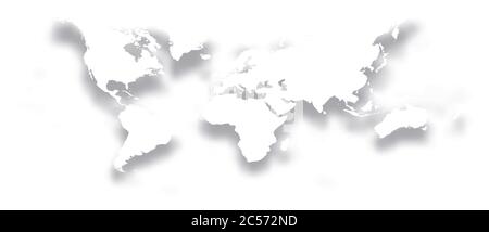 Map of World. Simple bright white silhouette with dropped shadow isolated on white background. Vector illustration. Stock Vector