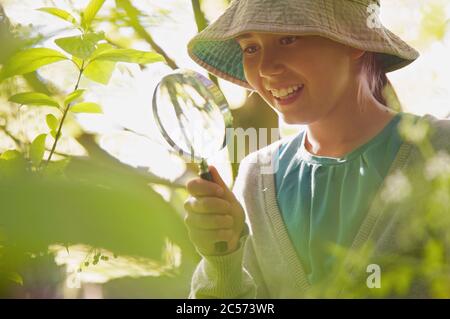 Smiling curious girl with magnifying glass examining plants Stock Photo
