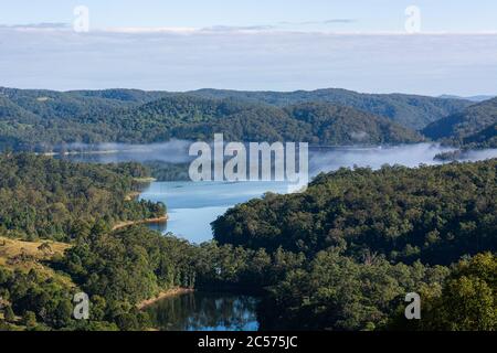 Baroom Pocket Reservoir in the Sunshine Coast Hinterland, Queensland, Australia. A beautiful misty morning. Stock Photo