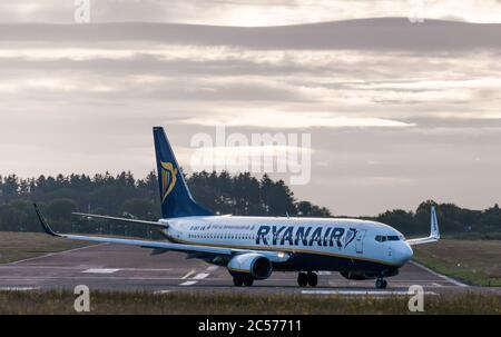 Cork Airport, Cork, Ireland. 01st July, 2020. The first early morning flight from Cork Airport in three months   prepares for takeoff to London. As Europe reopens after the Coronvirus pandemic Ryanair has started flying 40% of it fleet from today. - Credit; David Creedon / Alamy Live News Stock Photo