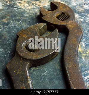 Close-up of rusty adjustable wrench Stock Photo