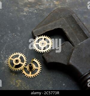 Rusty watch gear and adjustable wrench Stock Photo