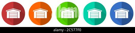 Garage building icon set, red, blue, green and orange flat design web buttons isolated on white background, vector illustration Stock Vector