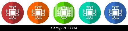 Circuit icon set, technology, chip, processor, red, blue, green and orange flat design web buttons isolated on white background, vector illustration Stock Vector