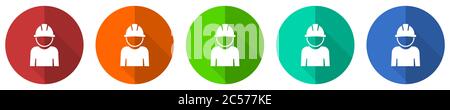 Engineer icon set, worker, manager, employe, red, blue, green and orange flat design web buttons isolated on white background, vector illustration Stock Vector