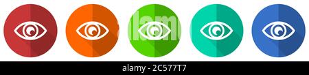Eye icon set, see, vision, sight and view, red, blue, green and orange flat design web buttons isolated on white background, vector illustration Stock Vector