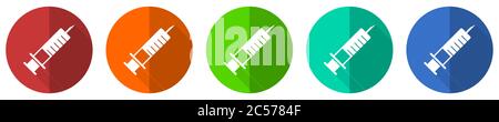 Syringe, injection icon set, red, blue, green and orange flat design web buttons isolated on white background, vector illustration Stock Vector