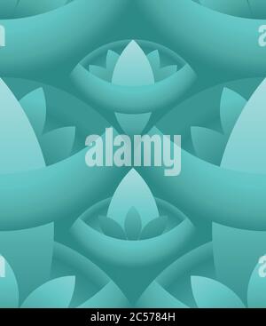 Mint color seamless background. Abstract figures in the form of petals, lotus, boats Stock Vector