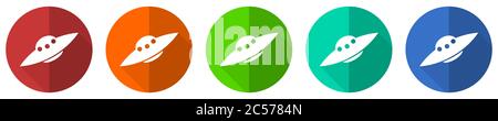 Ufo, alien spaceship icon set, red, blue, green and orange flat design web buttons isolated on white background, vector illustration Stock Vector