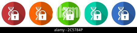Dna code information security icon set, red, blue, green and orange flat design web buttons isolated on white background, vector illustration Stock Vector