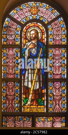 BARCELONA, SPAIN - MARCH 5, 2020: The St. James the Lees on the stained glass in the church Santuario Maria Auxiliadora i Sant Josep. Stock Photo