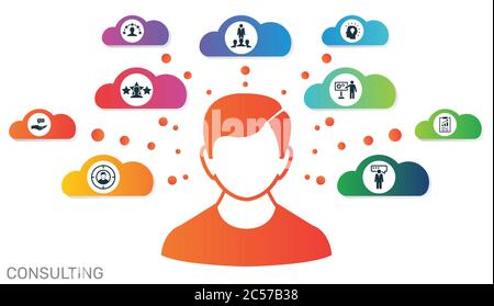 Infographic template Consulting template. Can be used for process diagram, presentations, workflow, banner with consulting icons. Stock Vector