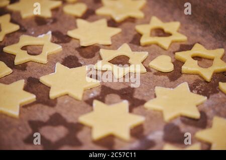 Cake batter, cookie cutters, hearts, stars, cookies, Bayern, Germany, Stock Photo