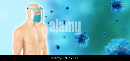 Face shield and surgical mask protection against viruses and bacterias. Humans shield against the coronavirus. Covid-19 concept. 3d Rendering. Stock Photo