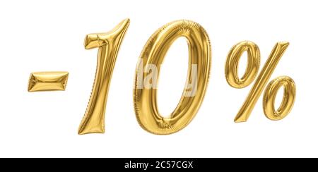 10% discount sale promotion off gold ballons number 3d rendered isolated on white background. 3D rendering. Stock Photo