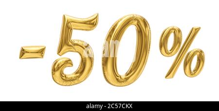 50% discount sale promotion off gold ballons number 3d rendered isolated on white background. 3D rendering. Stock Photo