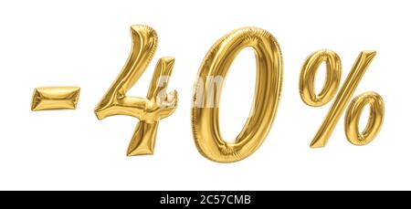 40% discount sale promotion off gold ballons number 3d rendered isolated on white background. 3D rendering. Stock Photo