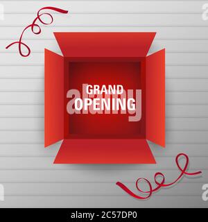 Grand Opening with top view Opened Box red Banner vector creative design on wooden texture grey pattern background 3d look Stock Vector