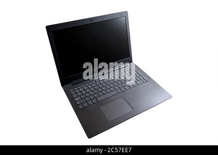 High angle shot of an opened black laptop in front of a white background Stock Photo