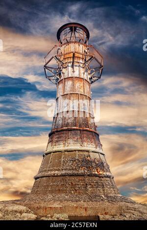 Whitford Lighthouse a cast iron Victorian ruin on the north coast of the Gower Peninsular Wales UK Stock Photo