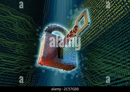 Stylized lock with key on cryptography and encryption against a dark background with random code Stock Photo