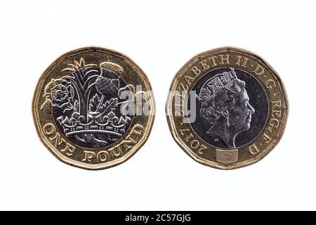 New one pound coin of England UK introduced in 2017 which show emblems of each of the nations cut out and isolated on a white background Stock Photo