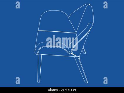 The image is a blue drawing of a desk with a chair and a computer. The ...