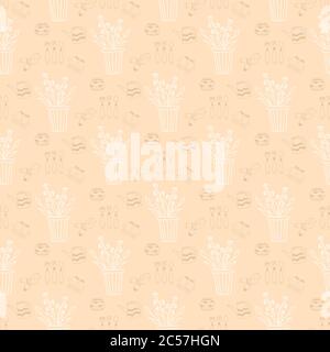 Template. Seamless pattern with burgundy and white contour of indoor plants in pots on a pink background. Tools, flowers, pots and a watering can. The Stock Vector