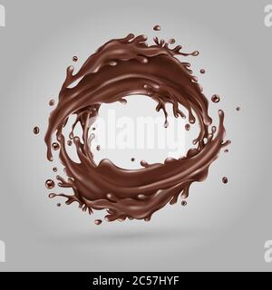 Liquid chocolate splashes circle on a gray background Stock Vector