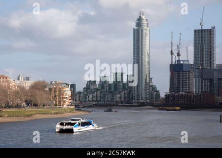 Redevelopment along the River Thames path on the South side at Battersea on 1st February 2020 in London, England, United Kingdom. Nine Elms is an area within Battersea in South West London. The area was formerly mainly industrial but is now becoming more residential and commercial in character. Stock Photo