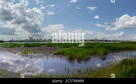Panoramic landscape view of Dnipro river and its Left bank, Kyiv Stock Photo