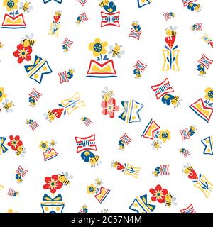 Kawaii honey bee with abstract daffodil and poppies in aztec motif vase. Seamless vector pattern background. Cute bugs and floral backdrop. Fun modern Stock Vector