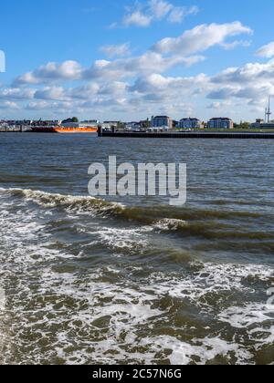 Skyline Cuxhaven, Tourist steamer Helgoland - ferry Cuxhaven - Helgoland, Cuxhaven, Lower Saxony, Germany, Europe Stock Photo