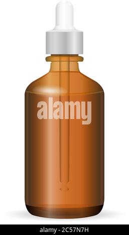 Brown glass cosmetic bottle with dropper. Vector illustration. Jar for medicine, liquid, aroma oil. Realistic Transparent Packaging. Stock Vector