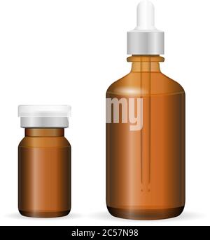 Brown glass or plastic bottle set for cosmetics, medicine. EPS Vector illustration. Injection and dropper bottles isolated on background. Stock Vector