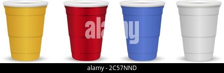 Set of colorful Disposable paper or plastic Cups isolated on white background. Easy to change color realistic 3d vector illustration. Red, yellow, blu Stock Vector