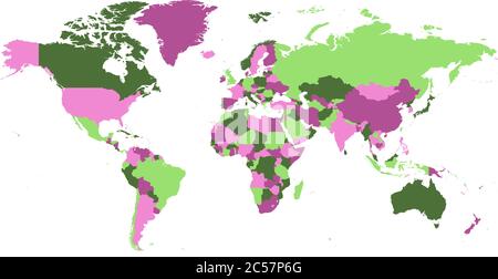 Political map of world. Countries in four different violet and green colors without borders on white background. Blank high detail vector map. Stock Vector