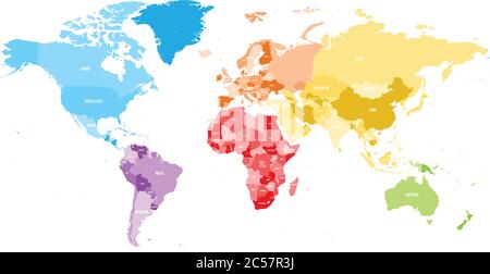 Colorful political map of World divided into six continent with country name labels. Vector map in rainbow spectrum colors. Stock Vector