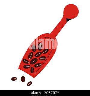 Coffee scoop with coffee beans pile, utensil for coffee shop, kitchenware, wooden blade, isolated icon, hand drawn doodle vector illustration Stock Vector