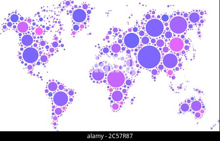 World map mosaic of violet dots in various sizes and shades on white background. Vector illustration. Stock Vector