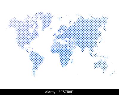 World map of blue dots on white background in corss arrangement. Map of world silhouette flat halftone vector theme. Stock Vector
