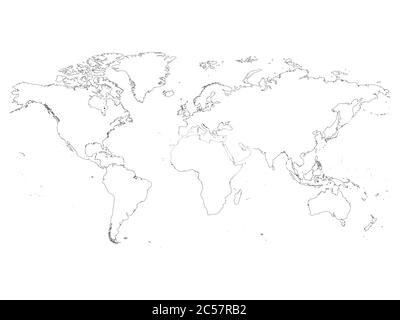 High detailed outline of world map. Simple thin black vector stroke on white background. Stock Vector