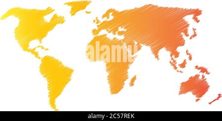 Pencil scribble sketch map of World. Hand doodle drawing. Vector illustration in warm colors on white background. Stock Vector