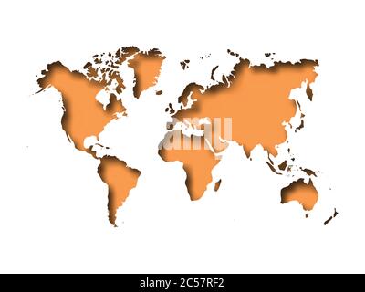 Map of World cut into paper with inner shadow isolated on orange background. Vector illustration with 3D effect. Stock Vector