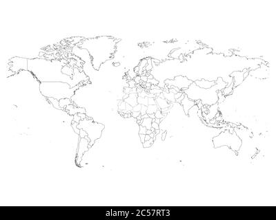 World map with country borders, thin black outline on white background. Simple high detail line vector wireframe. Stock Vector