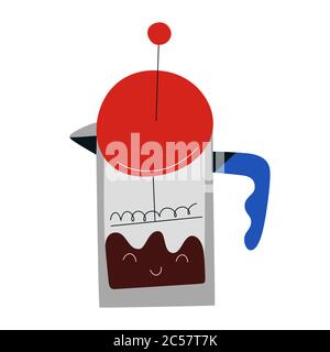 French press coffee maker, glass pot for brewing coffee drink, isolated vector illustration, hand drawn icon Stock Vector