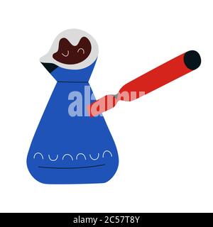 Coffee cezve witt handle, turkish coffee pot for brewing espresso, arabic or greek style pot, vintage antique design, isolated vector illustration Stock Vector